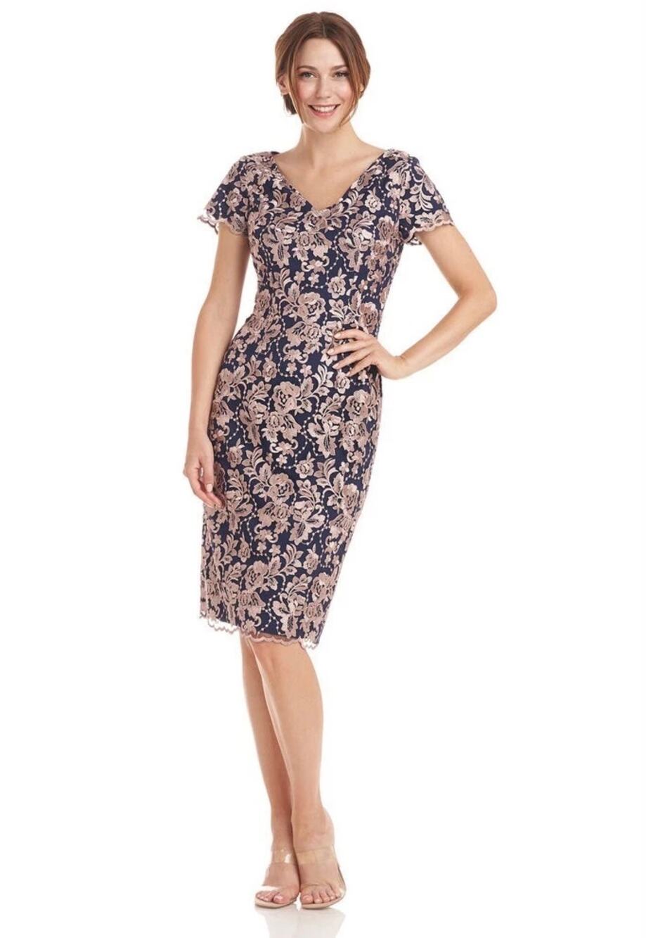 JS Collections V-Neck Floral Embroidered Mesh Cocktail Dress in Burgundy